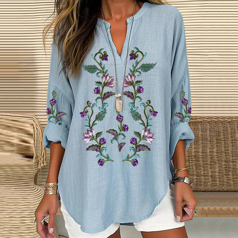 Scottish Thistle Embroidered Linen Blend Blouses artswardrobe