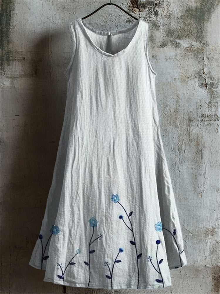 Classy Floral Embroidered Bottom Linen Tank Dress artswardrobe