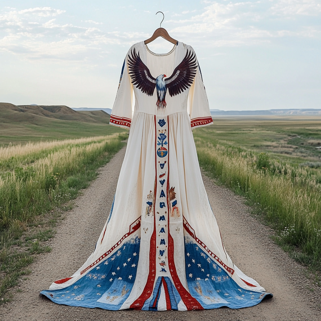 Women's Bald Eagle And Tribal Pattern Cotton And Linen Dress artswardrobe
