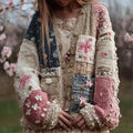Cherry Blossom Embroidered Japanese Sashiko Patchwork Cozy Knit Cardigan