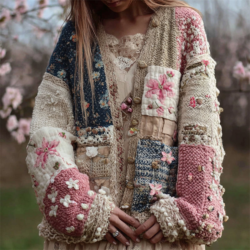 Comstylish Cherry Blossom Embroidered Japanese Sashiko Patchwork Cozy Knit Cardigan