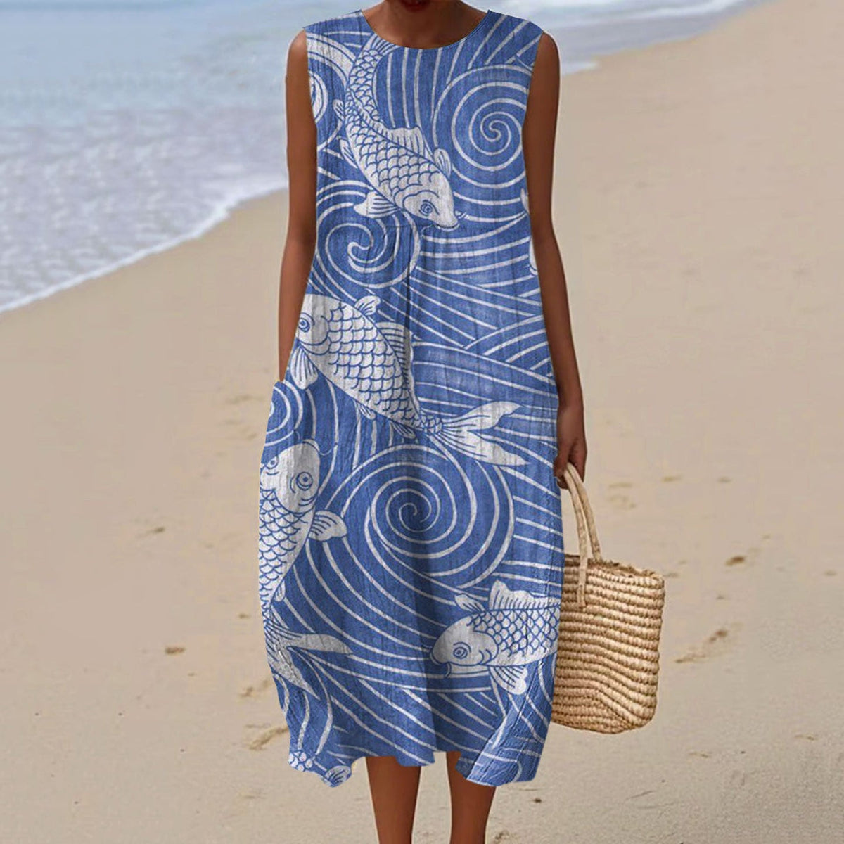 Women's Fish Vintage Art Print Sleeveless Dress artswardrobe