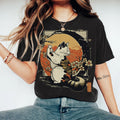 Women Japanese Art Cat Printed Round Neck T-Shirt elevenforest