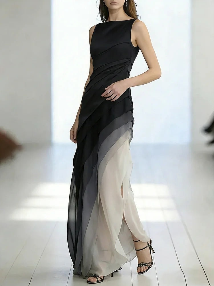 French Black High Waist Patchwork Tulle Maxi Dresses Sleeveless