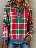 Women'S Casual Lapel Contrast Color Stitching Plaid Top 