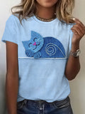 Women's Vintage Denim Patchwork Cat Art Short Sleeve T-shirt elevenforest