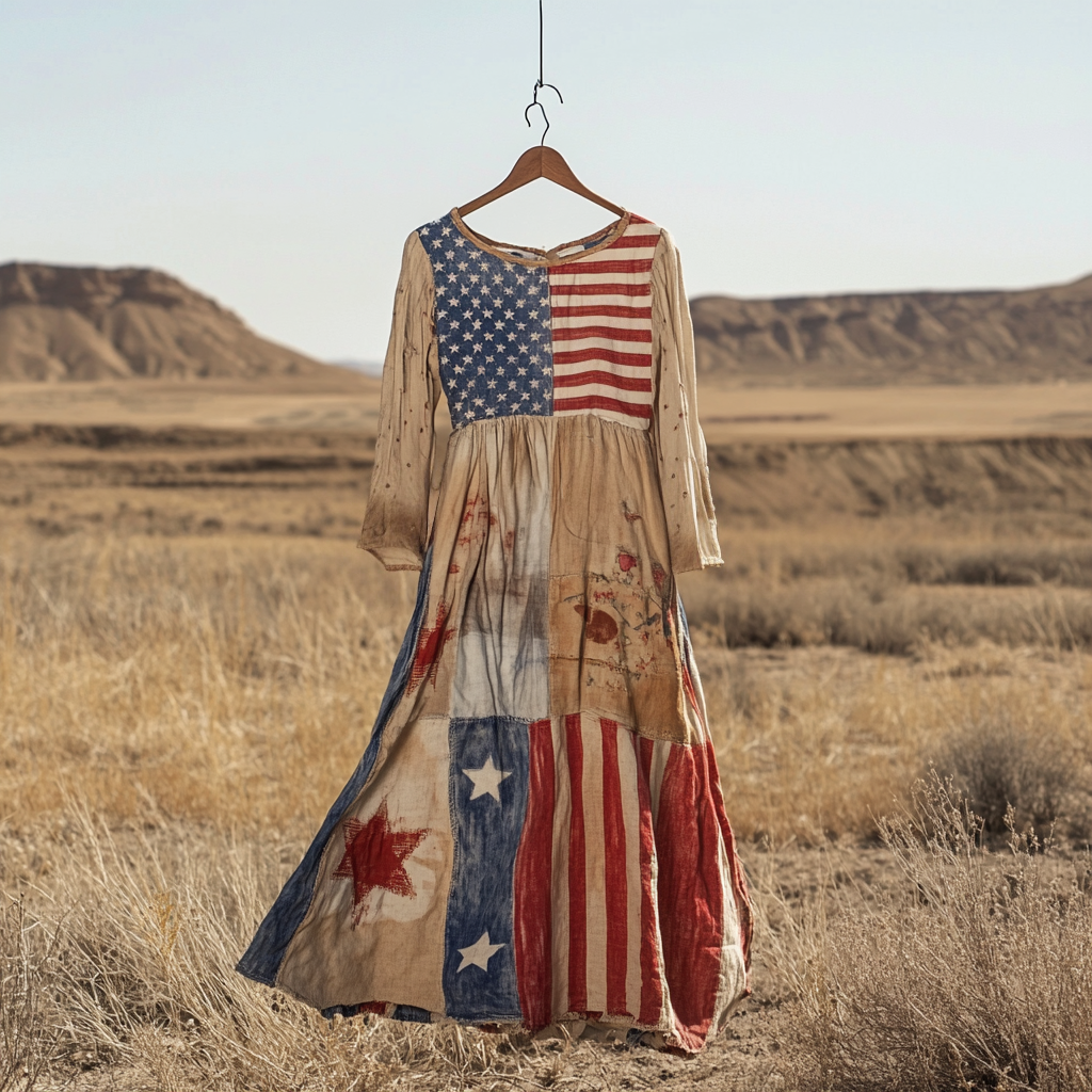 Women's Vintage Independence Day Flag Color Distressed Print Long Sleeve Dress artswardrobe