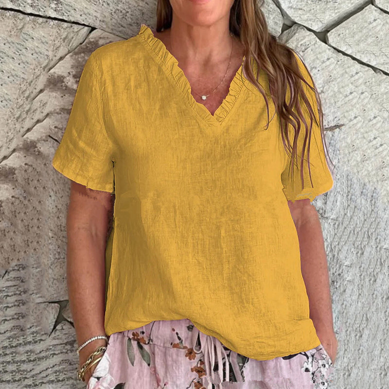 Women's Vintage Lace Cotton And Linen V-neck T-shirt artswardrobe