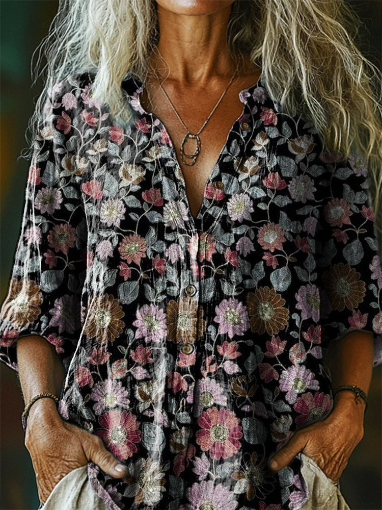 Women's Vintage Ethnic Floral Art Print Casual Cotton Linen Shirt