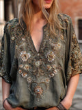 Bohemian Style Sequin Flower Embroidery Vintage Cotton And Linen Forgotten Green V-neck Short-sleeved Shirt artswardrobe