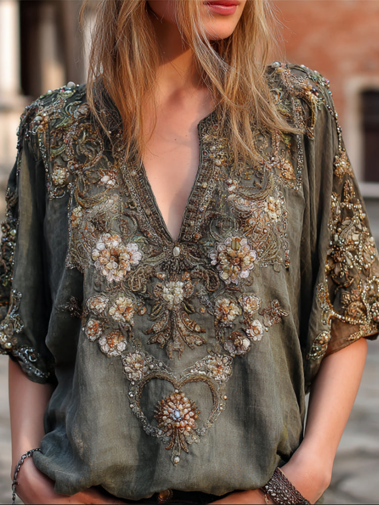 Bohemian Style Sequin Flower Embroidery Vintage Cotton And Linen Forgotten Green V-neck Short-sleeved Shirt artswardrobe
