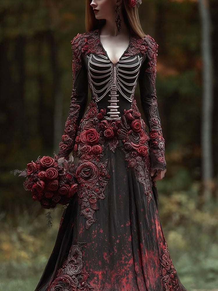 Comstylish Classy Skeleton Flowers Embroidered Bloody Maxi Dress