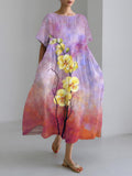 Comstylish Orchid Japanese Art Print Linen Blend Maxi Dress