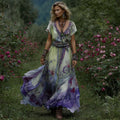 Vintage Gradient Purple Floral Embroidered Linen Short Sleeve Maxi Dress