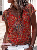 Women's Vintage Art Print V-neck Casual T-Shirt