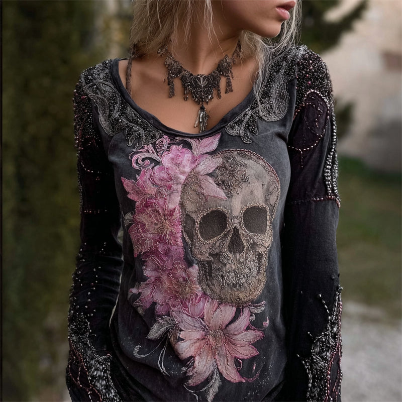 Comstylish Glitter Skull Flowers Beaded Washed T Shirt