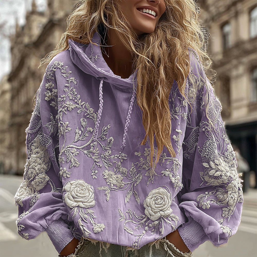 Women's Classic Romantic White Rose Embroidery Art Comfy Hoodie artswardrobe