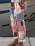 Women's Independence Day American Flag Patch Floral & Paisley Art Linen Blend Casual Pants artswardrobe
