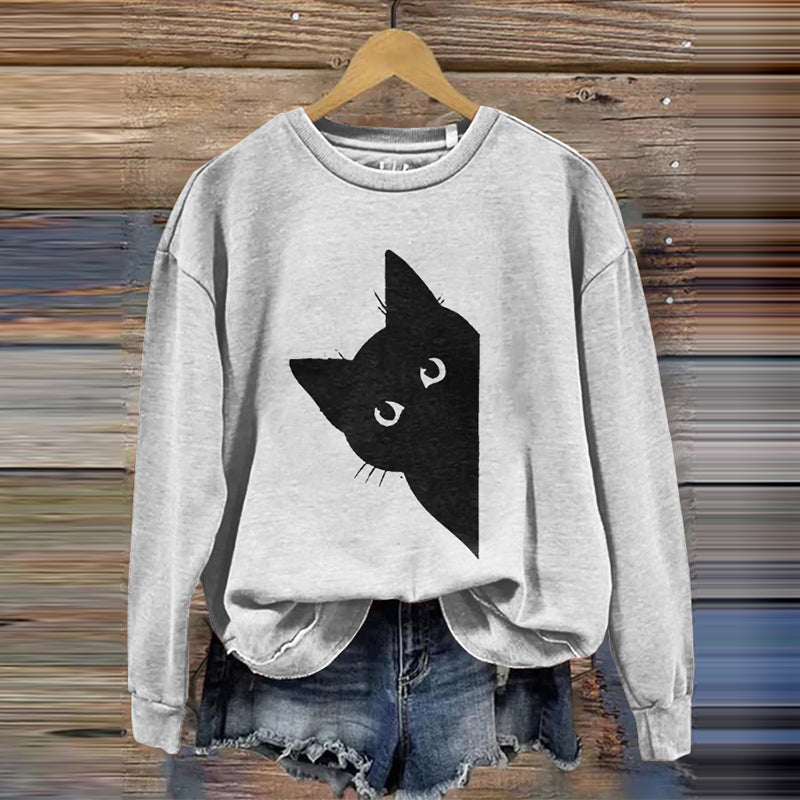 Women's Peek-A-Boo Black Cat Printed Sweatshirt elevenforest
