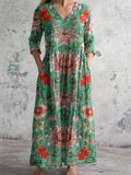 Women's V-neck  Abstract Art Floral Pattern Collar Cotton Dress With Pockets