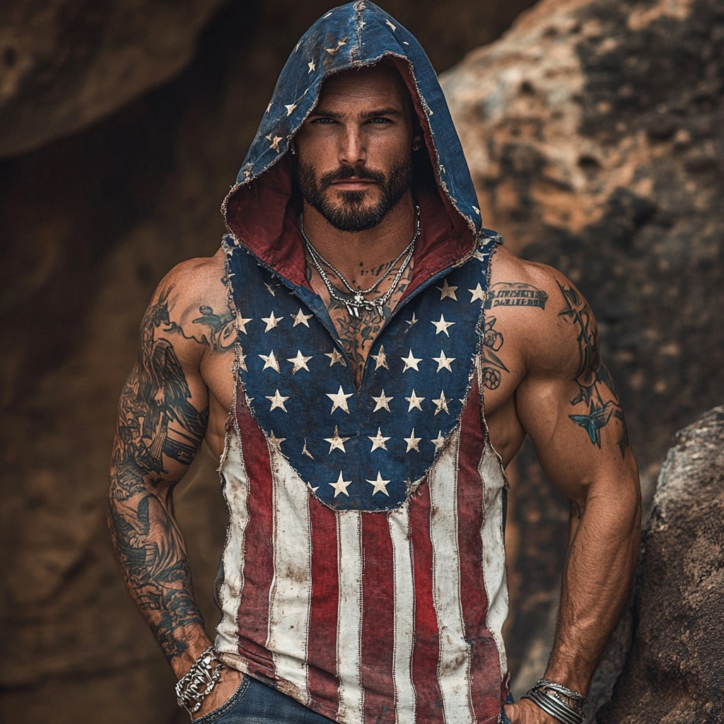 Independence Day Flag Inspired Linen Blend Hooded Tank Top artswardrobe