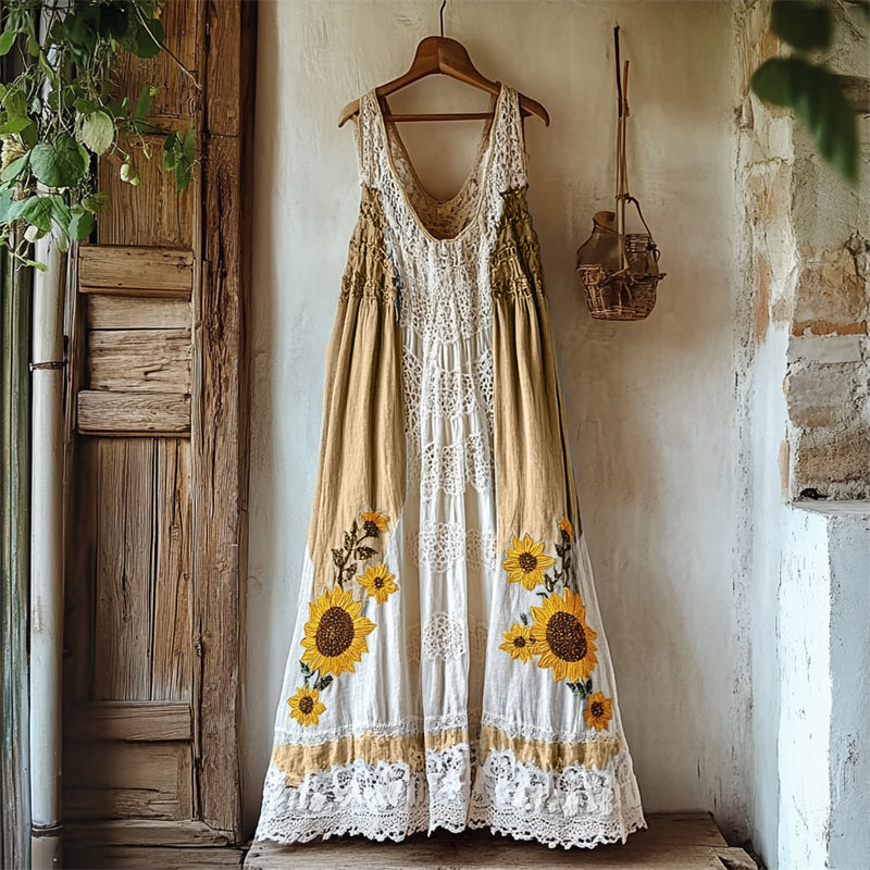 Boho Sunflowers Embroidered Gradient Lace Patchwork Linen Dress artswardrobe
