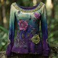 Vintage Gradient Boho Floral Embroidery Women's Round Neck Long Sleeve T-shirt artswardrobe