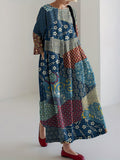 Vintage Japanese Floral Art Patch Printed Casual Midi Dress