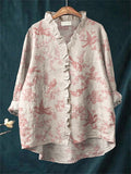 Comstylish Classy Birds Floral Pattern Ruffle Trim Linen Blouse