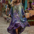 Vintage Green And Purple Lavender Patchwork And Floral Embroidered Art Linen Maxi Dress artswardrobe
