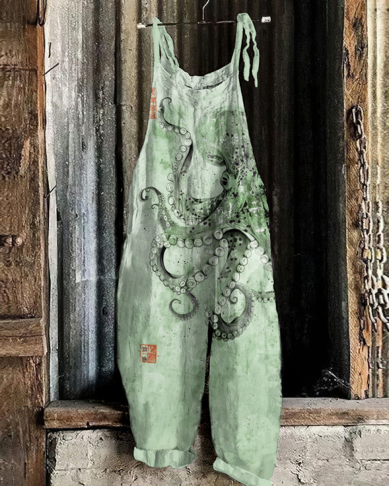 Comstylish Vintage Japanese Art Octopus Print Casual Loose Jumpsuit