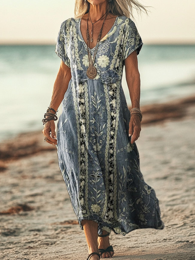 Women's Vintage Ethnic Floral Art Print Pocket Cotton Dress