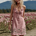 Vintage Pink Rose Art Linen Mini Dress artswardrobe