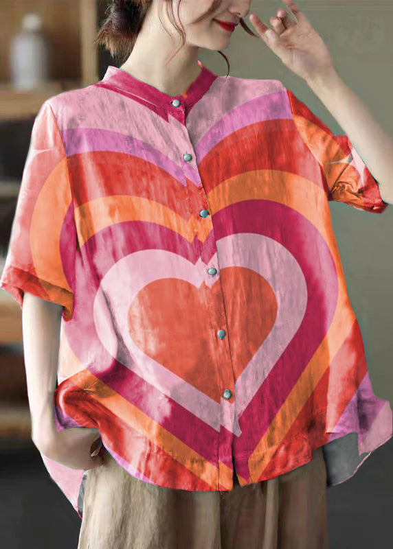 Colorful Hearts Stand Collar Print Tops Half Sleeve