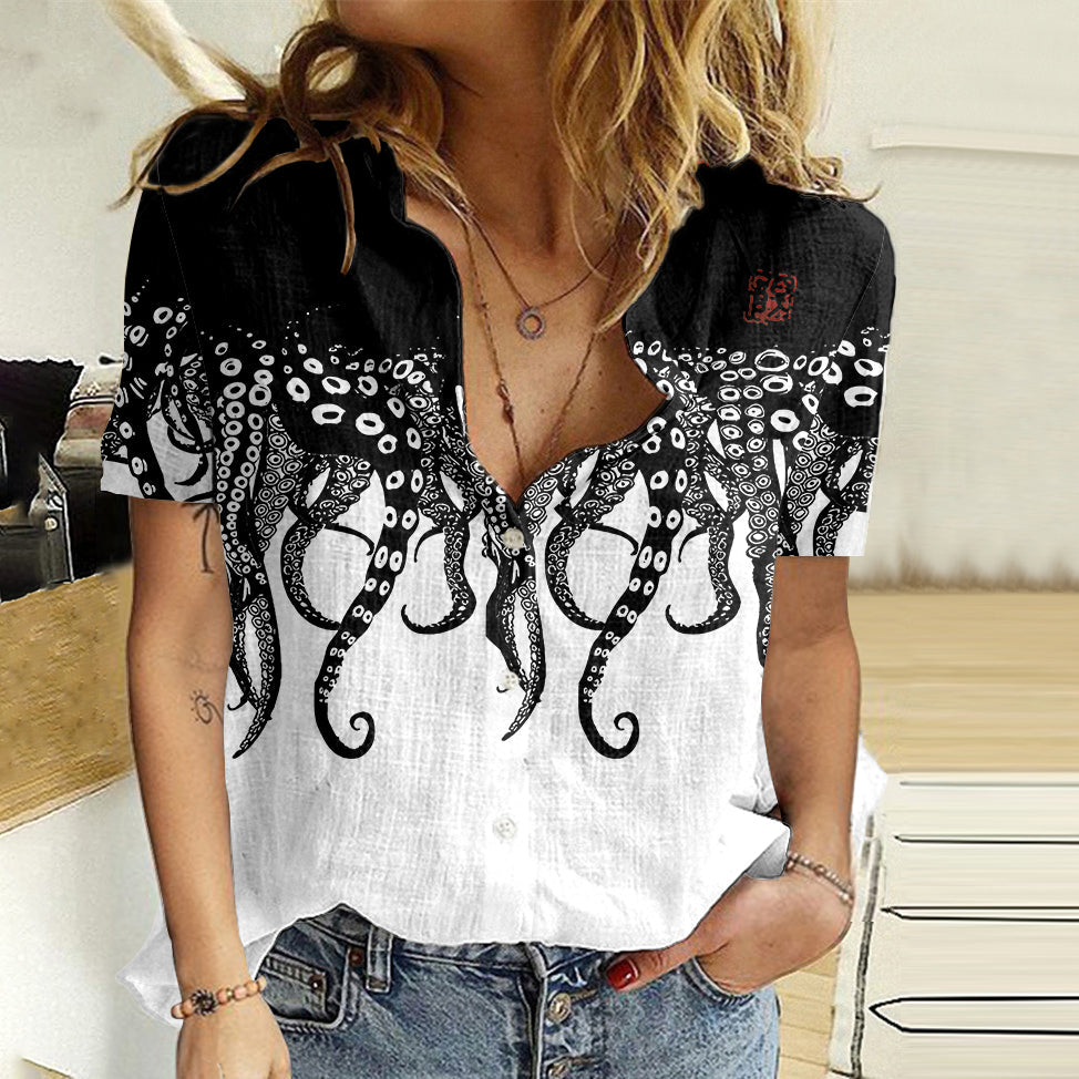 Comstylish Japanese Sea Life Octopus Legs Lino Art Linen Blend Blouse