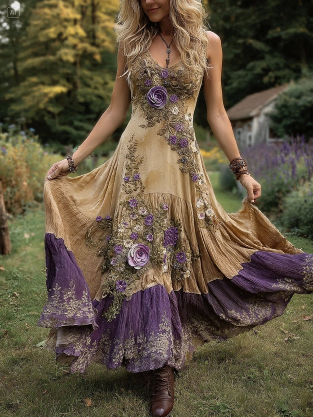 Classy Gradient Purple Lavender And Floral Embroidered Linen Maxi Dress artswardrobe
