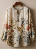 Retro Cotton And Linen Plant Flower Bohemian Style Women's V-neck Top artswardrobe