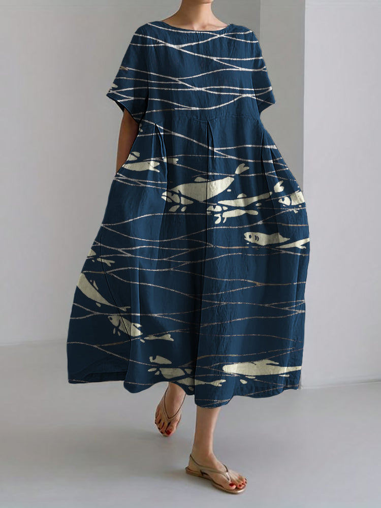 Comstylish Cluster of Fish Sea Waves Japanese Lino Art Linen Blend Maxi Dress