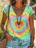Colorful Tie Dye Print 100%Cotton V-neck T-Shirt