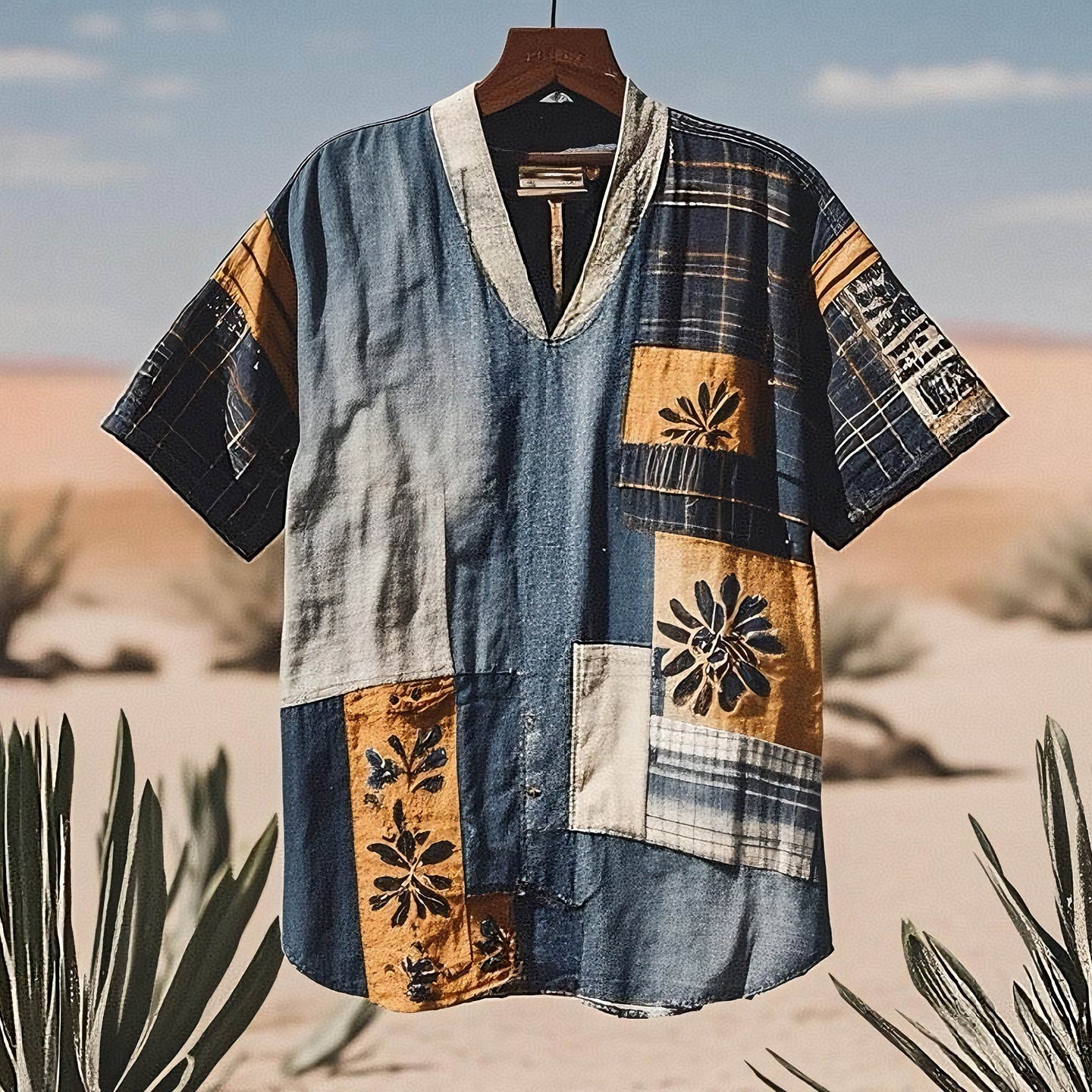 Men's Contrast Colors  Patchwork Sun Linen T-shirt artswardrobe