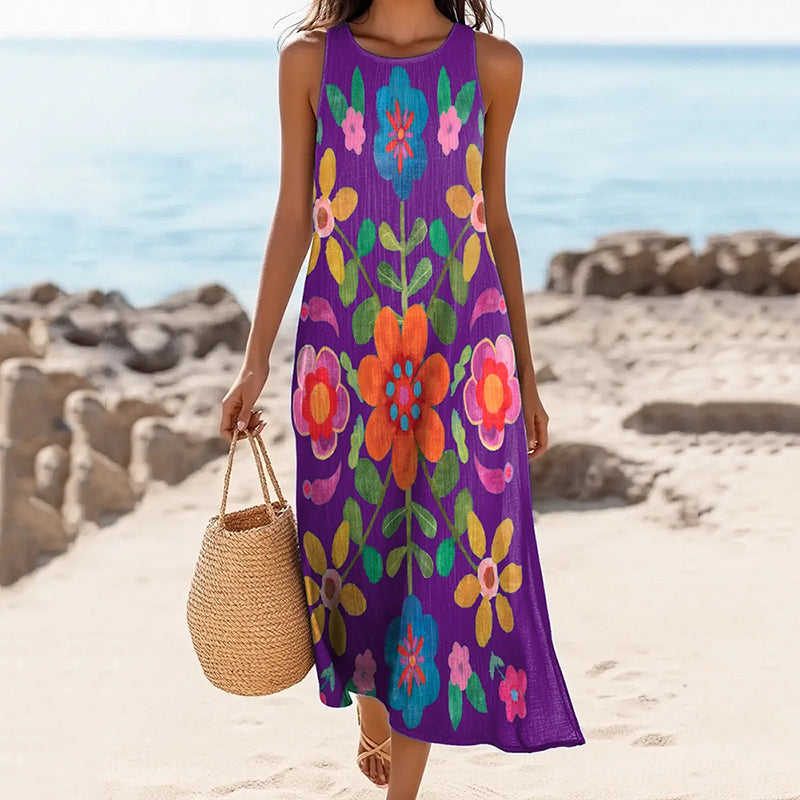 Women's Vintage Bohemian Floral Art Linen Tank Dress artswardrobe