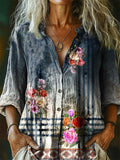 Women's Vintage Floral Art Print Casual Cotton Linen Shirt