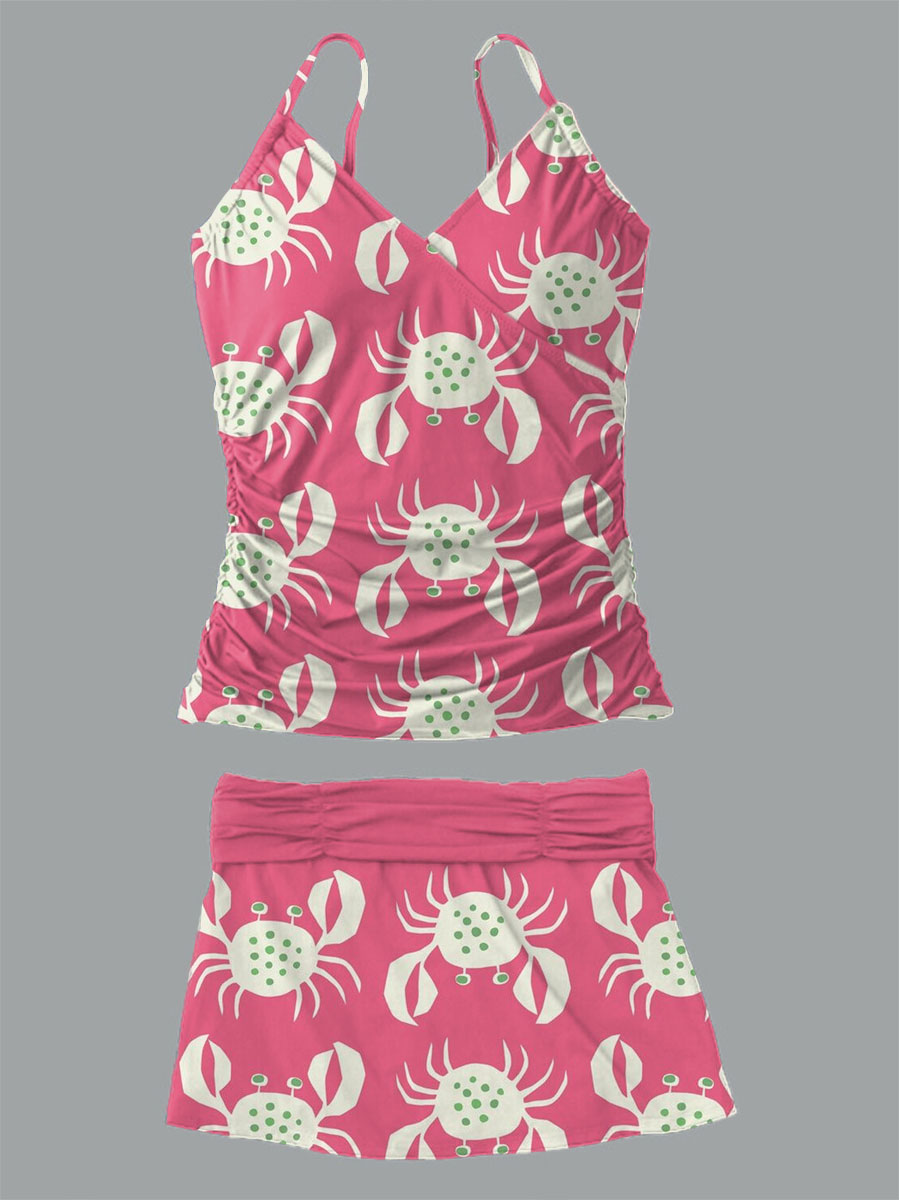 Women's Summer Crab Print Casual Suspender Shirred Swimsuit Set