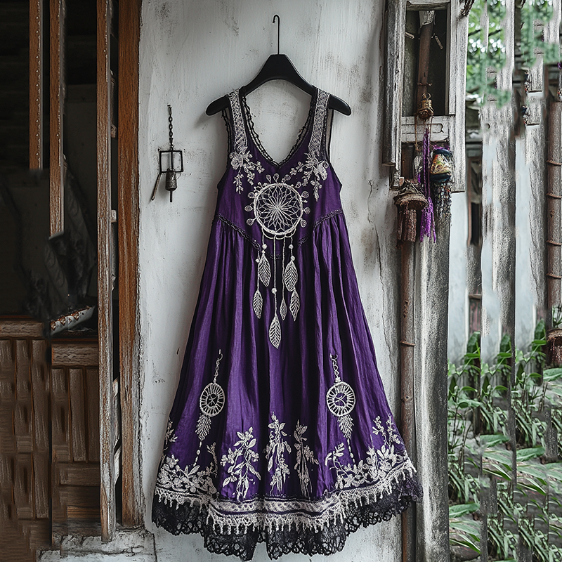 Women's Dreamcatcher Embroidered Flowy Linen Tank Dress artswardrobe