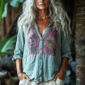 Bohemian Holiday Style Linen Floral Print  Long Sleeve Shirt artswardrobe