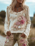 Women's Pink Floral Vintage Casual Long-sleeved Round-neck Top artswardrobe