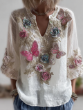 Bohemian Style V-neck Butterfly And Flower Embroidery Cotton And Linen Short Sleeve