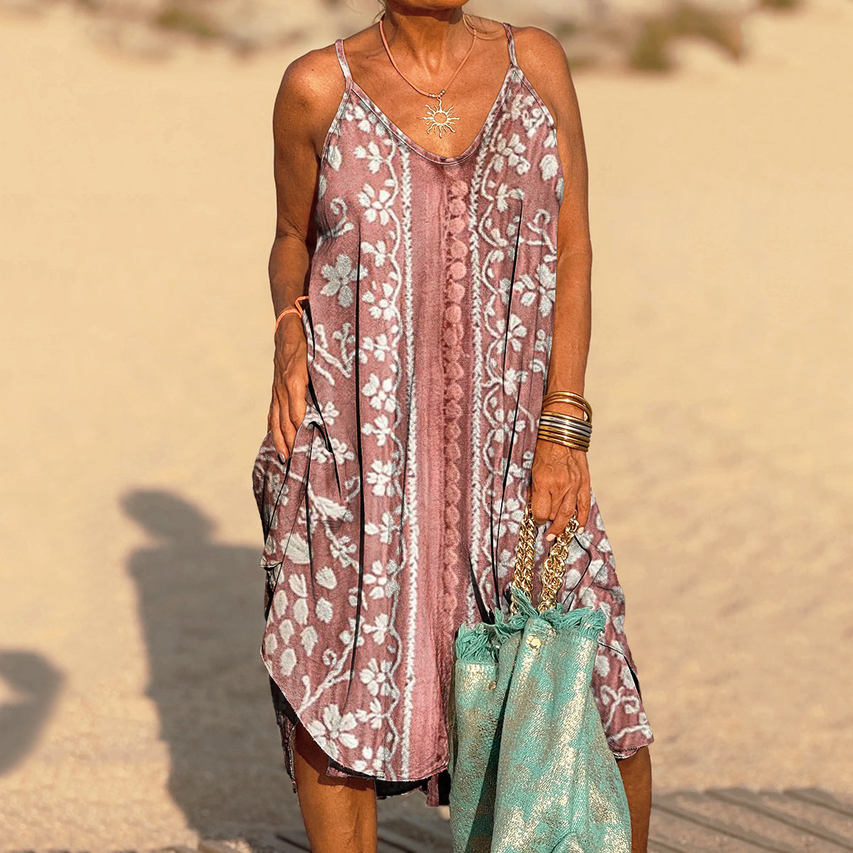 Women's Retro Ethnic Floral Print Sleeveless Dress artswardrobe