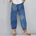 Comstylish Retro Japanese Traditional Sashiko Dandelion Art Pattern Cropped Casual Pants