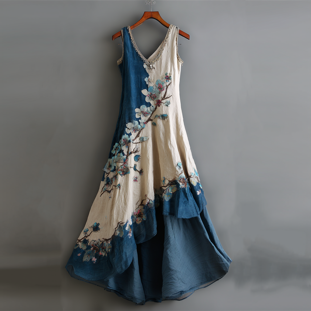 Women's Vintage Cherry Blossom Colorblock Linen Sleeveless Dress